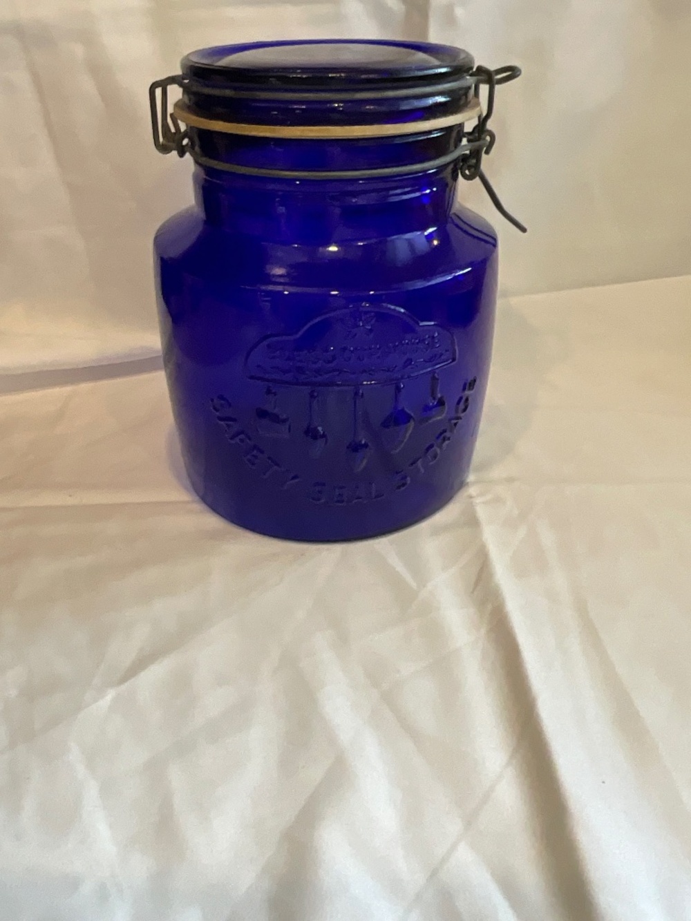 Vintage Crownford China Co Cobalt Blue 2-Quart Jar Bless Our House‎ Italy